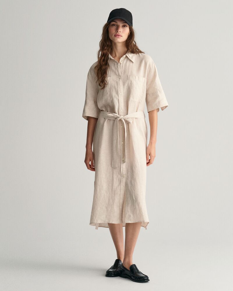 Linen Short Sleeve Shirt Dress Dry Sand / 32