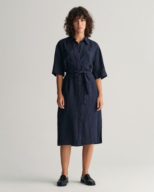 Linen Short Sleeve Shirt Dress Evening Blue / 32