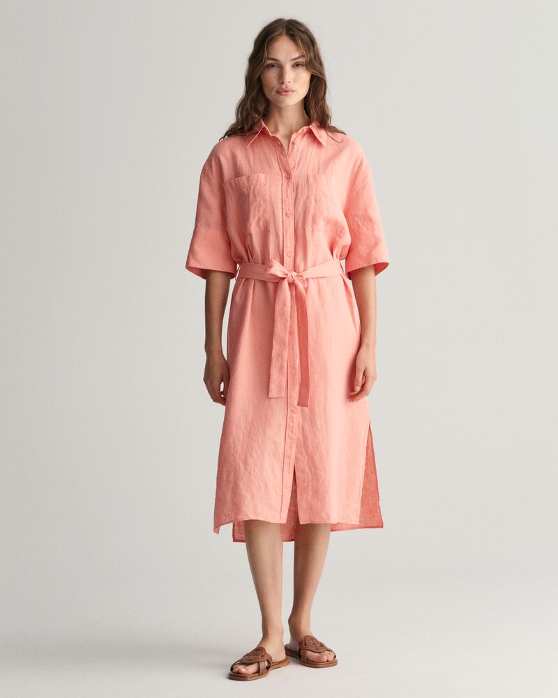 Linen Short Sleeve Shirt Dress Peachy Pink / 32