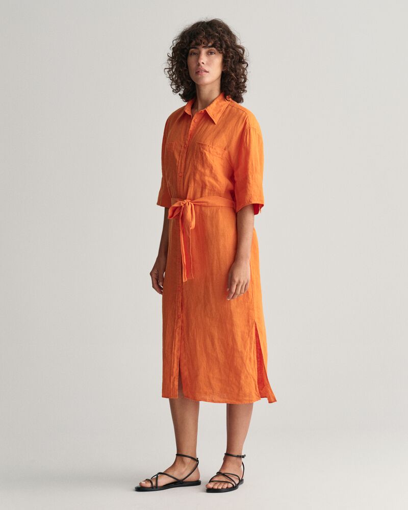 Linen Short Sleeve Shirt Dress Pumpkin Orange / 32