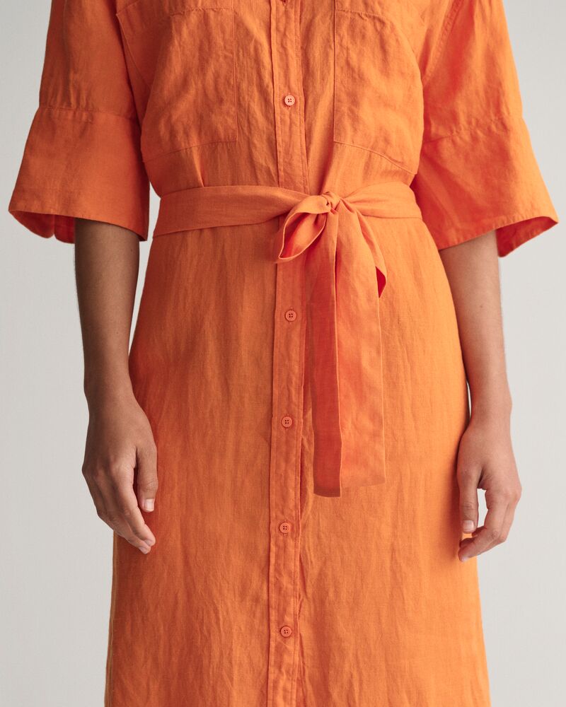 Linen Short Sleeve Shirt Dress Pumpkin Orange / 32