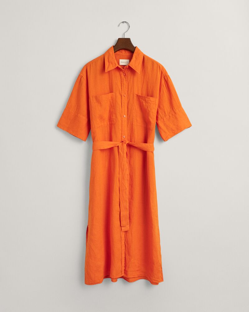 Linen Short Sleeve Shirt Dress Pumpkin Orange / 32