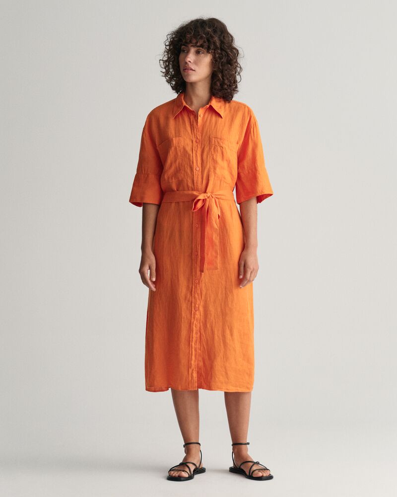 Linen Short Sleeve Shirt Dress Pumpkin Orange / 32