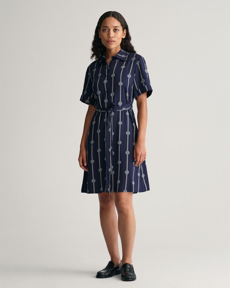 Printed Short Sleeve Shirt Dress Evening Blue / 32