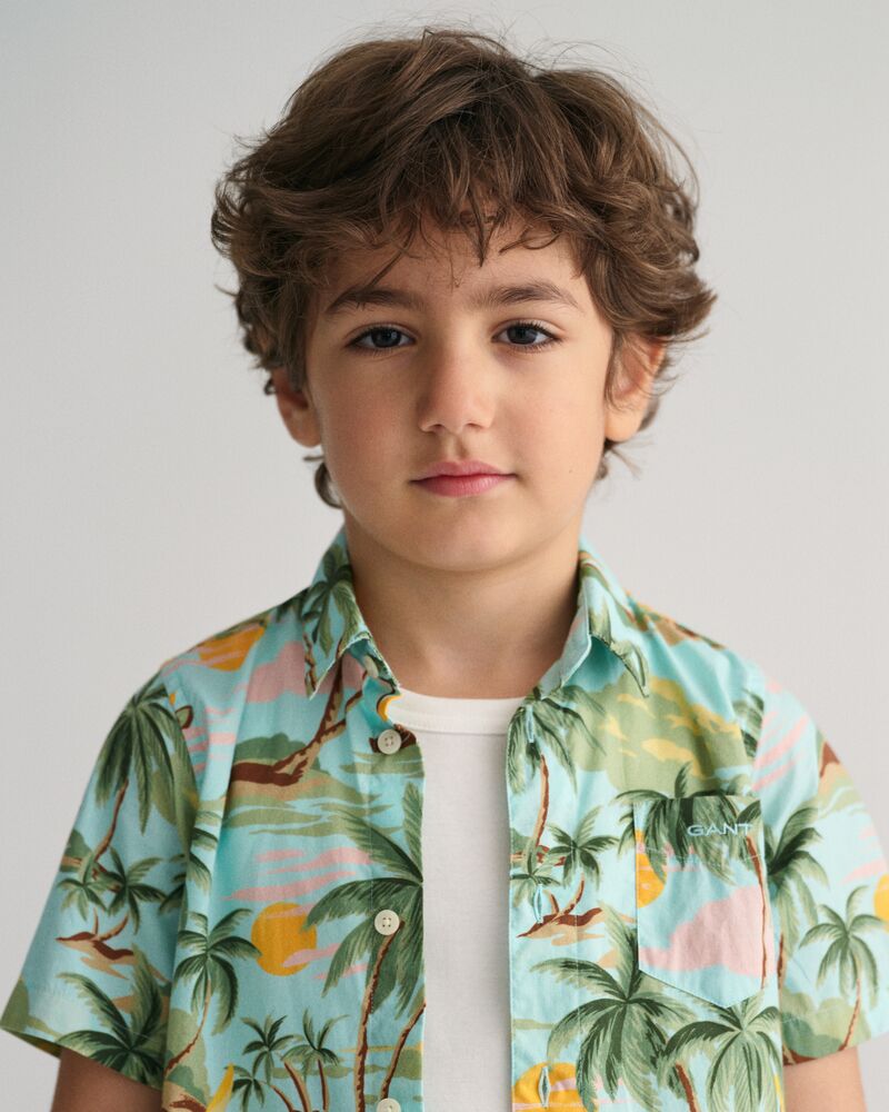 Kids Palm Print Cotton Short Sleeve Shirt 92 / TURQUOISE MIST