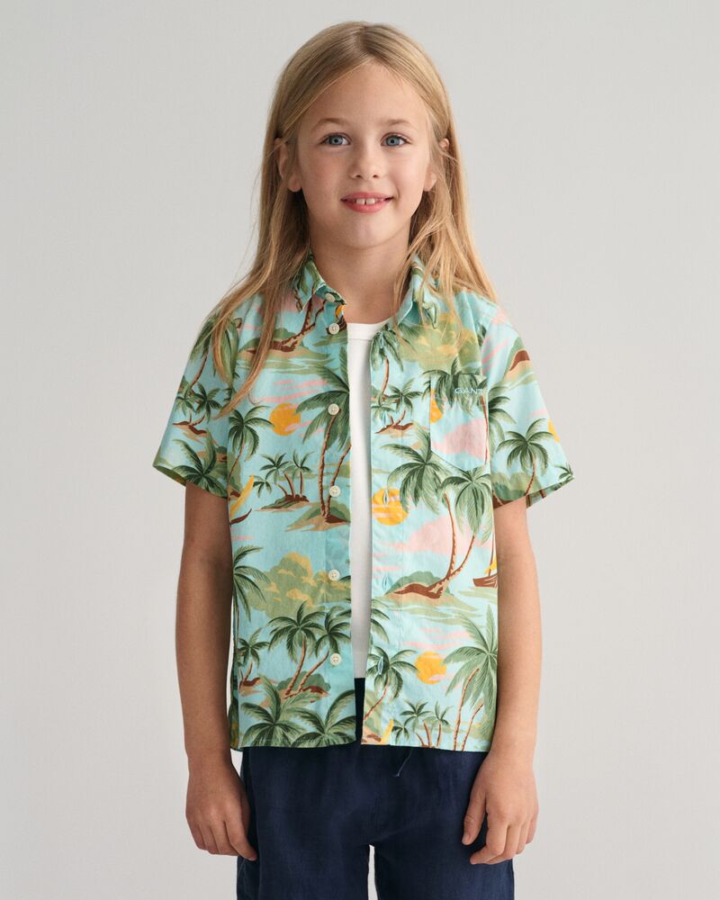 Kids Palm Print Cotton Short Sleeve Shirt 92 / TURQUOISE MIST