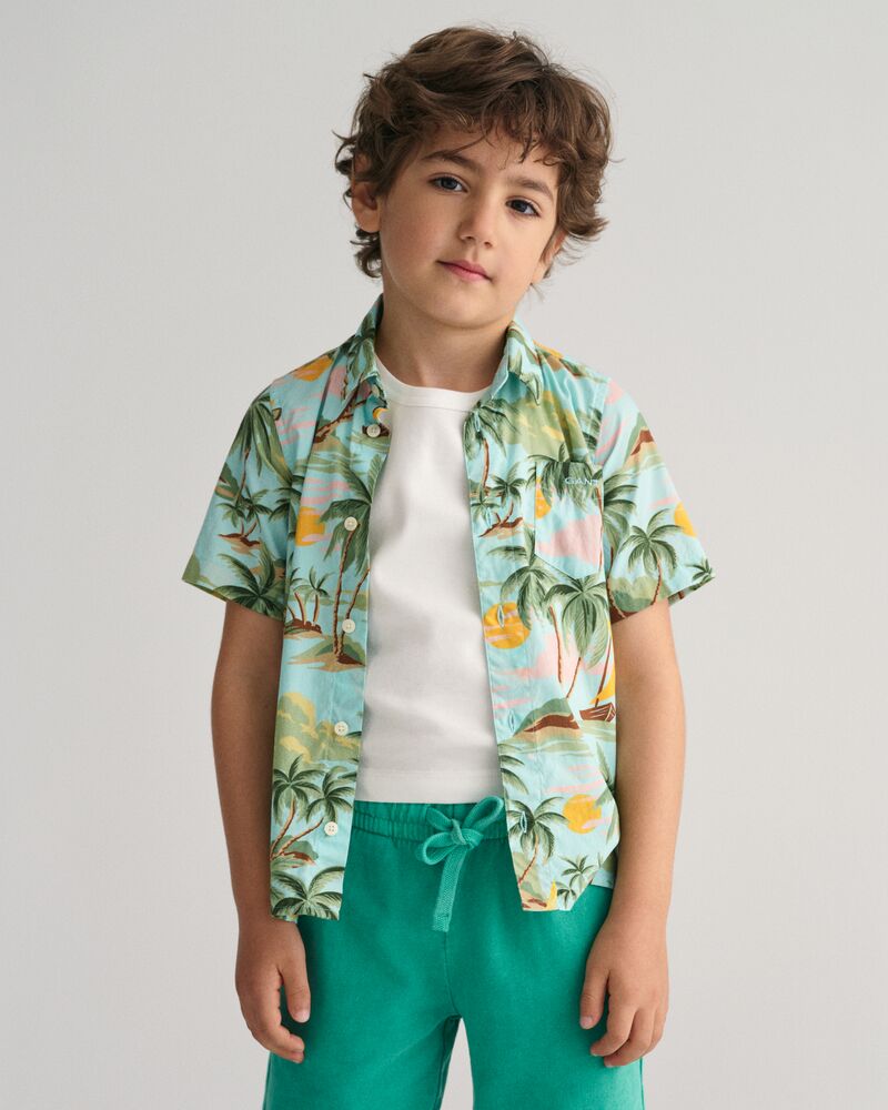 Kids Palm Print Cotton Short Sleeve Shirt 92 / TURQUOISE MIST