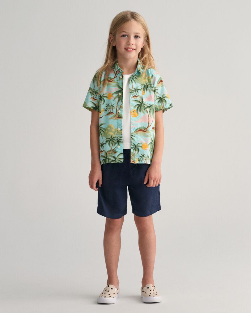 Kids Palm Print Cotton Short Sleeve Shirt 92 / TURQUOISE MIST