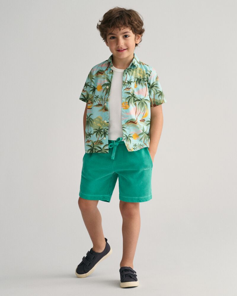 Kids Palm Print Cotton Short Sleeve Shirt 92 / TURQUOISE MIST