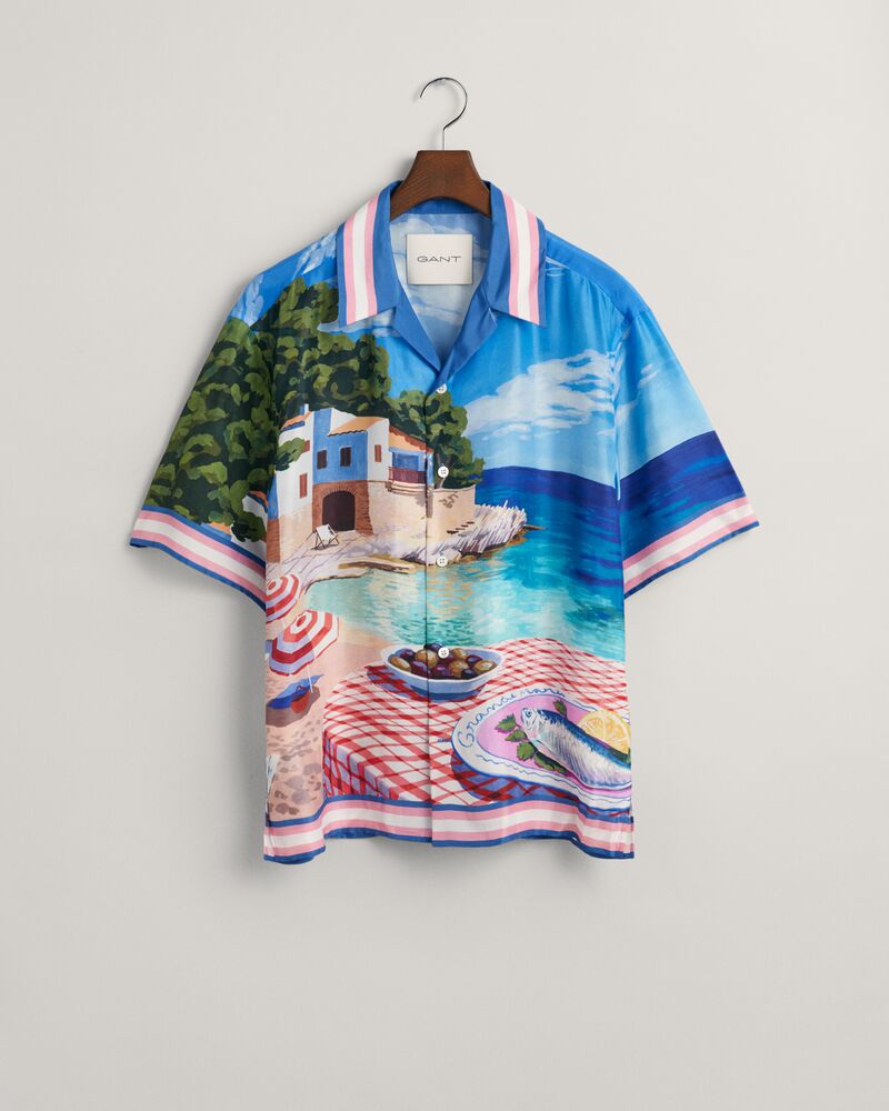 Relaxed Fit Scenery Print Silk Shirt Rich Blue / S