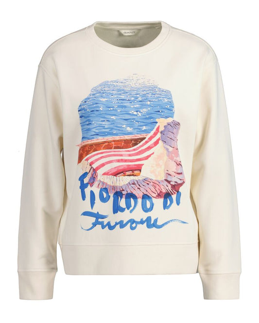 Scenery Print Crew Neck Sweatshirt Cream / XS