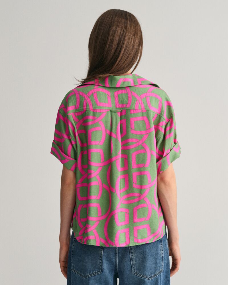 Relaxed Fit Monogram Print Popover Short Sleeve Shirt Perky Pink / 32