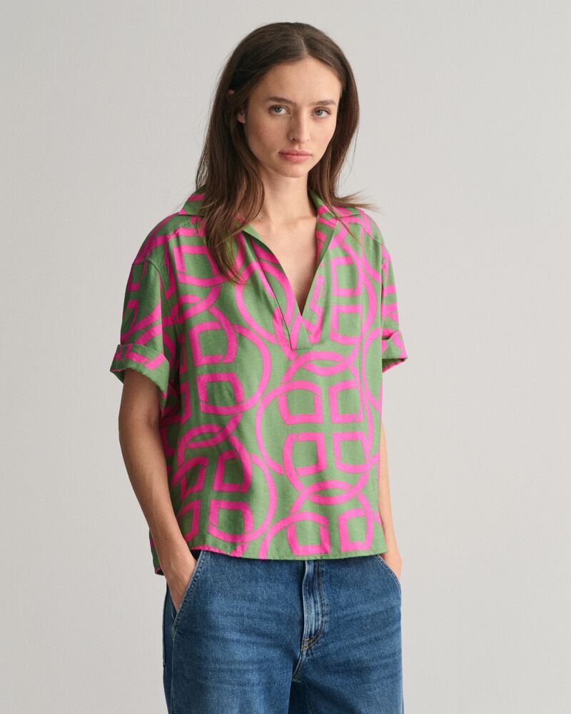 Relaxed Fit Monogram Print Popover Short Sleeve Shirt Perky Pink / 32