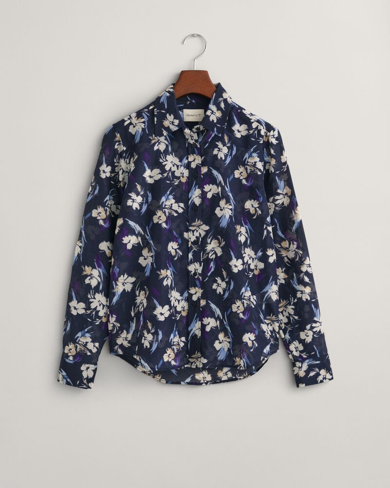 Regular Fit Floral Print Cotton Silk Shirt Evening Blue / 32