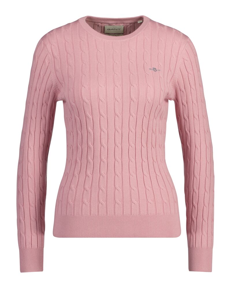 Stretch Cotton Cable Knit Crew Neck Sweater Dusty Pink / S