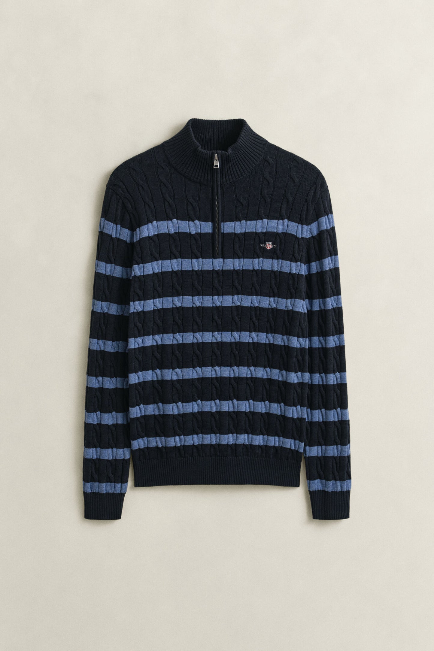 Striped Cotton Cable Half Zip Sweater