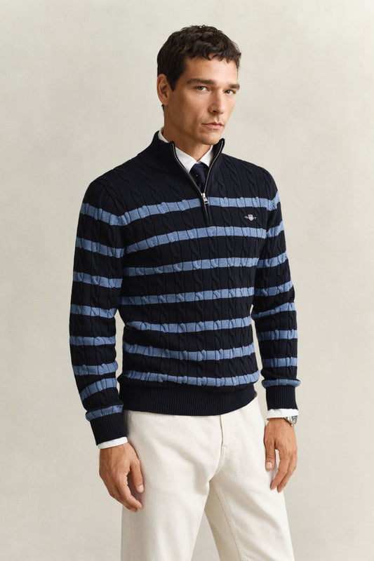 Striped Cotton Cable Half Zip Sweater