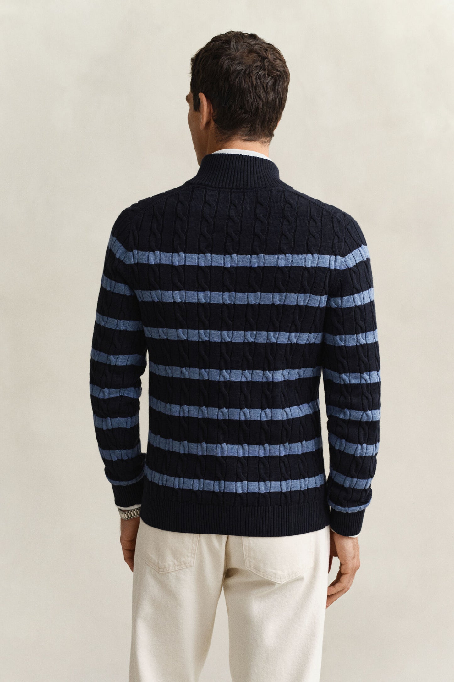 Striped Cotton Cable Half Zip Sweater