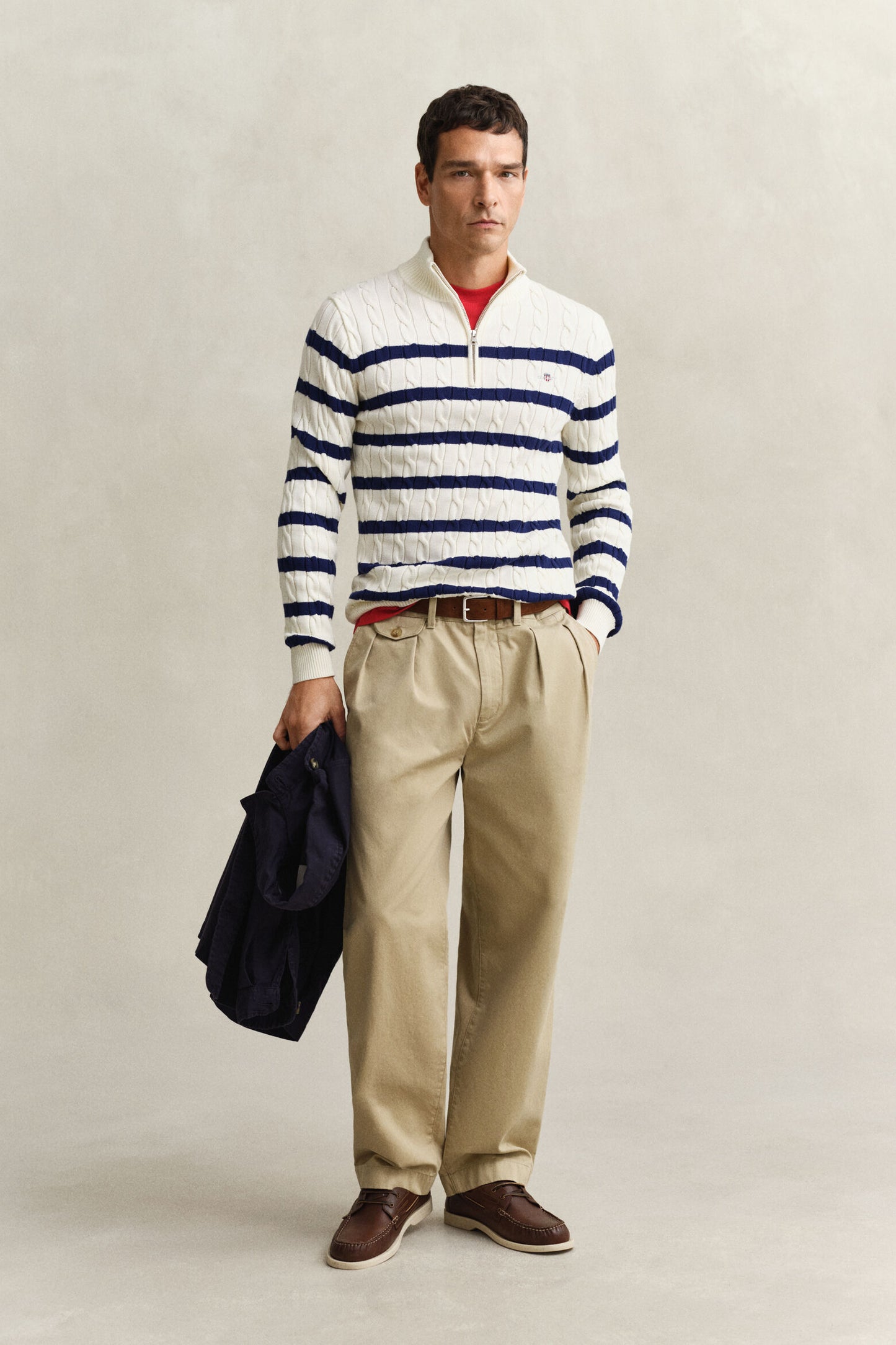 Striped Cotton Cable Half Zip Sweater
