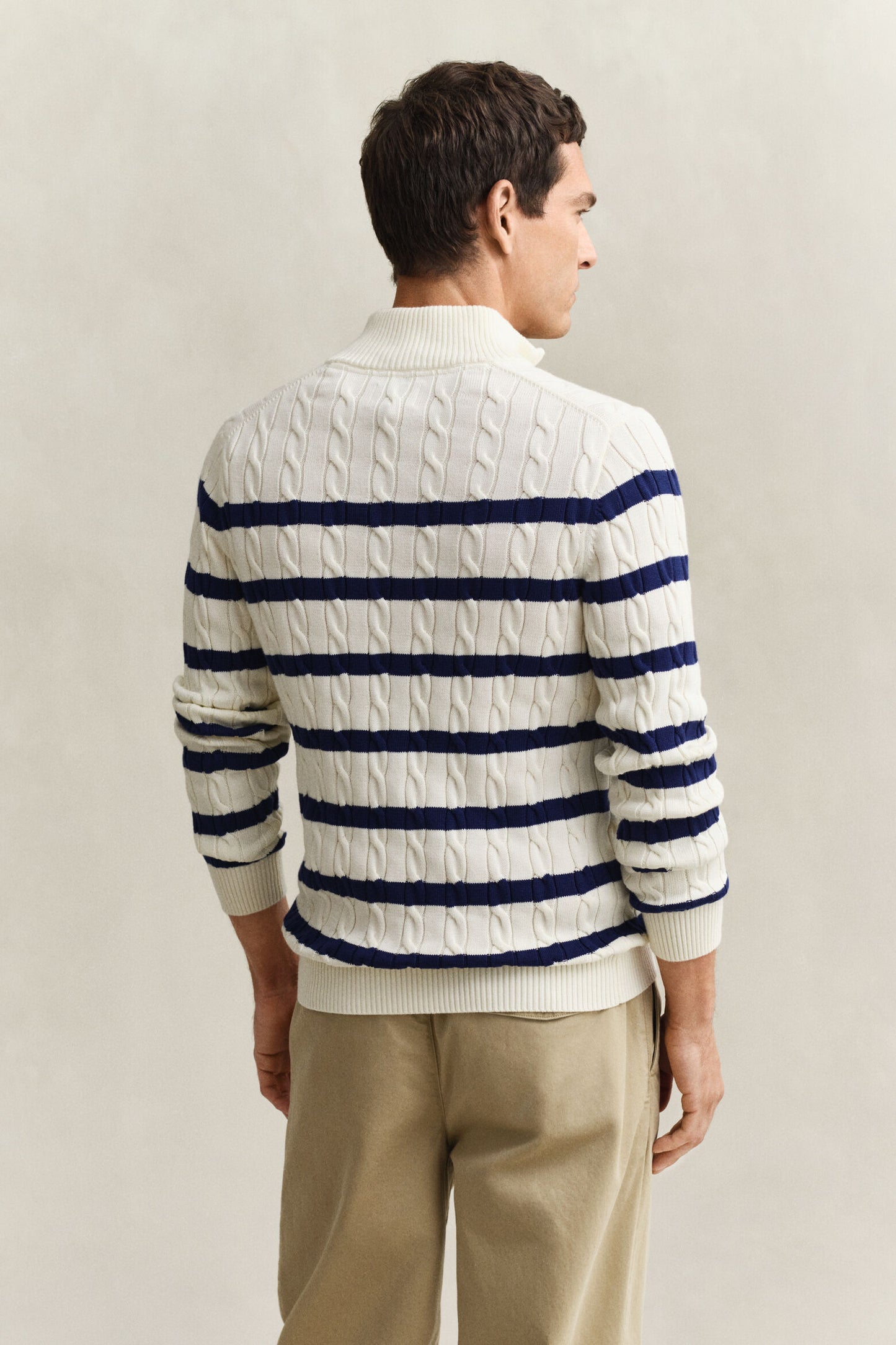 Striped Cotton Cable Half Zip Sweater