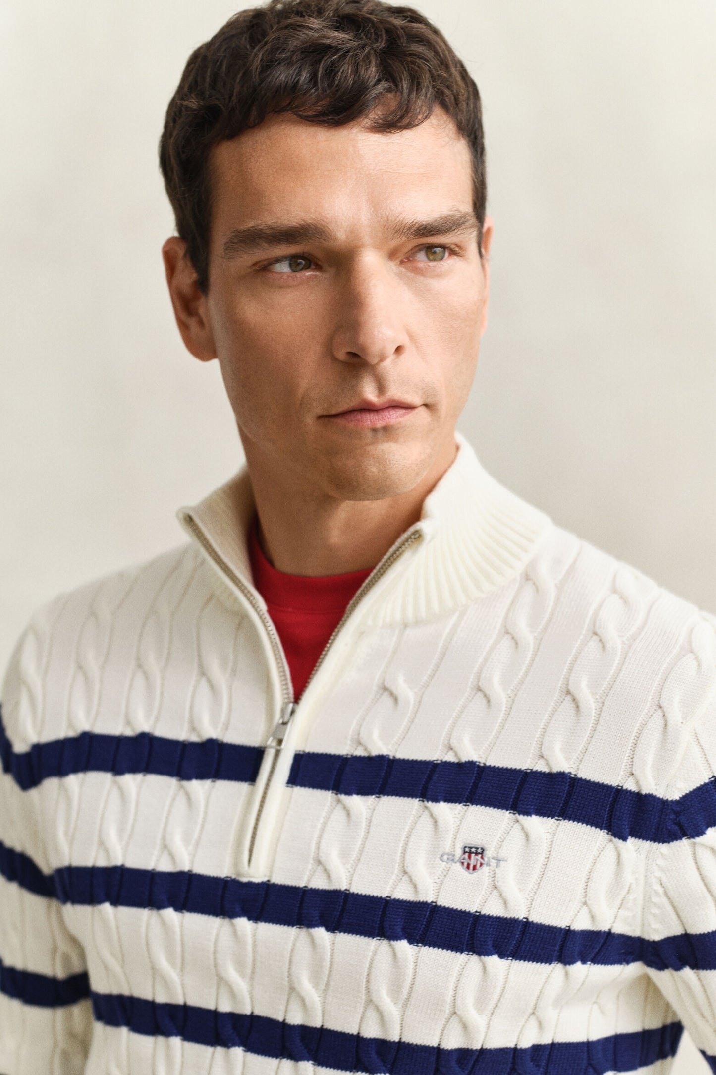 Striped Cotton Cable Half Zip Sweater