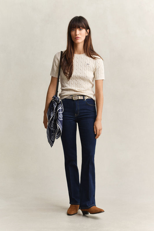 Stretch Cotton Cable Short sleeve C-Neck