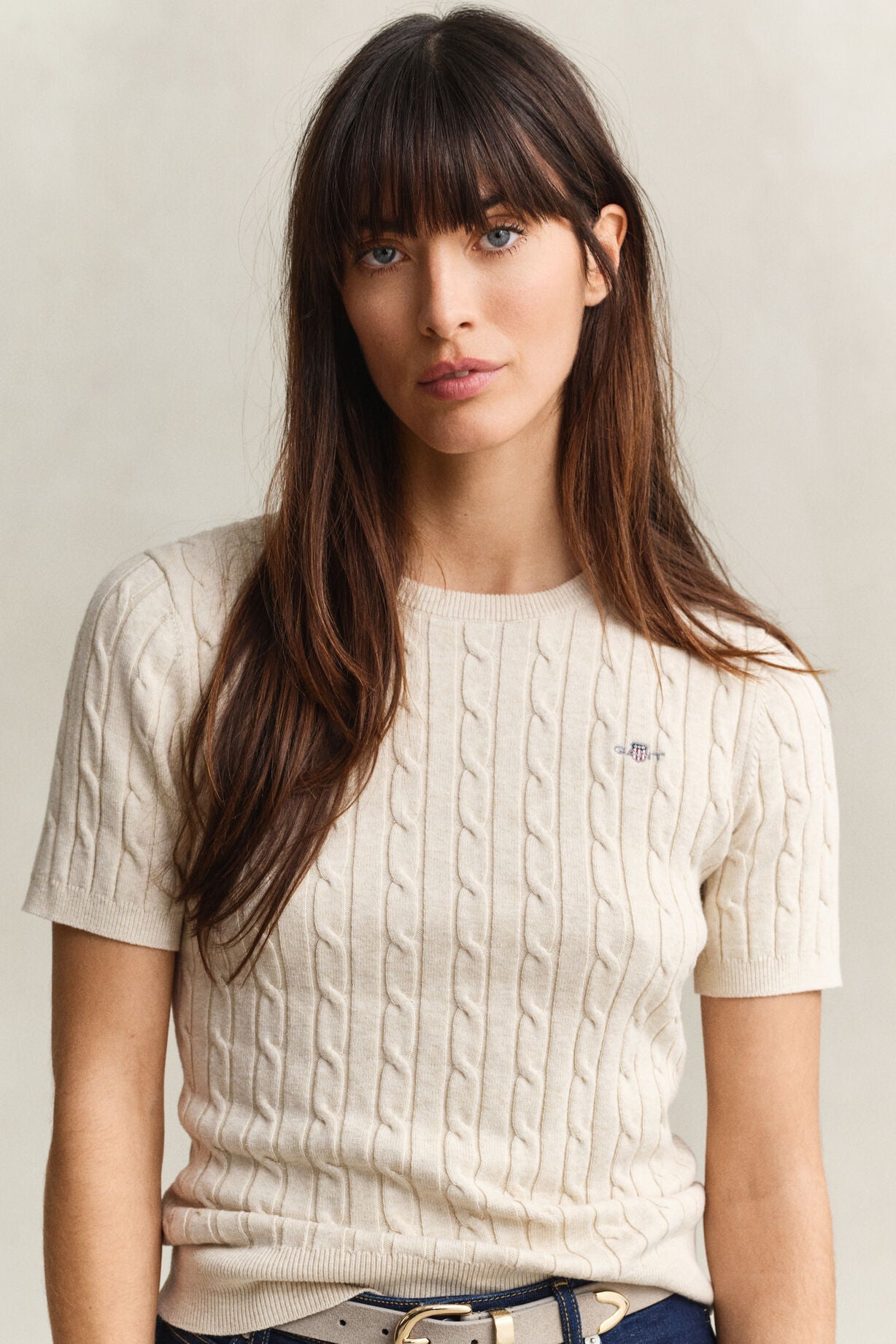 Stretch Cotton Cable Short sleeve C-Neck