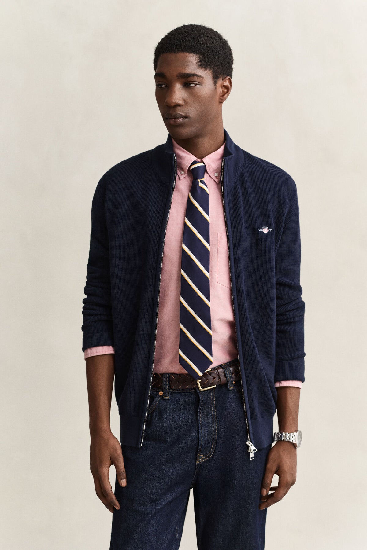 Micro Textured Cotton Zip Cardigan
