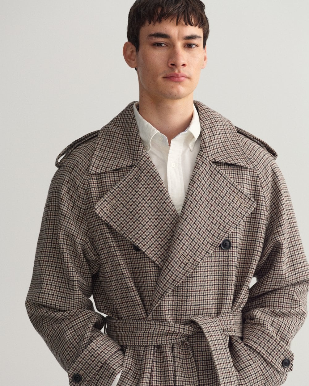 Houndstooth Wool Trench Coat