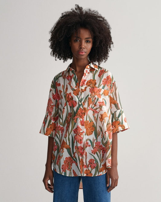 Iris Print Cotton Silk Short Sleeve Shirt