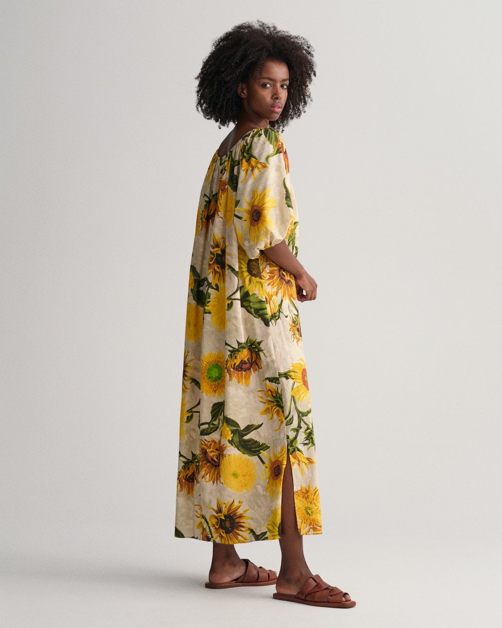 Gathered Sunflower Print Dress