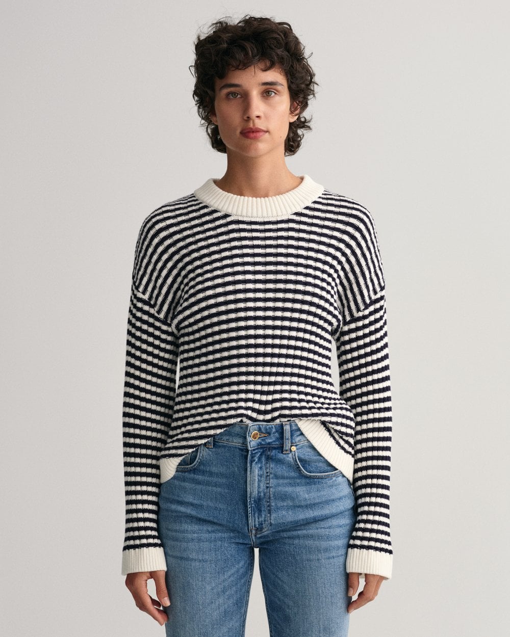Striped Cotton Rib Crew Neck Sweater