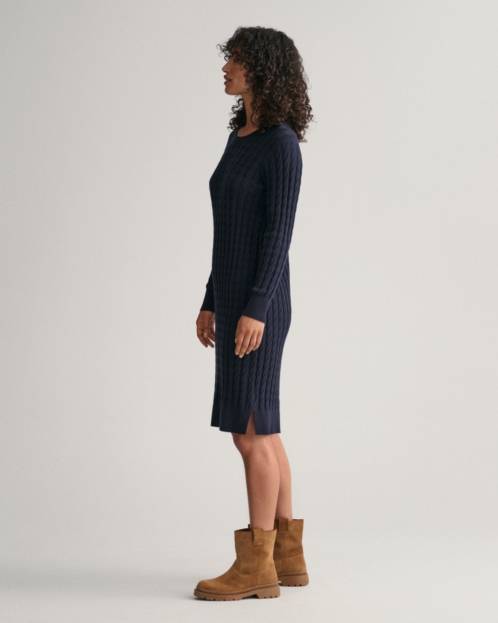 Stretch Cotton Cable Knit Crew Neck Dress