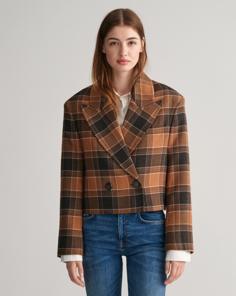 Cropped Checked Wool Blazer Jacket