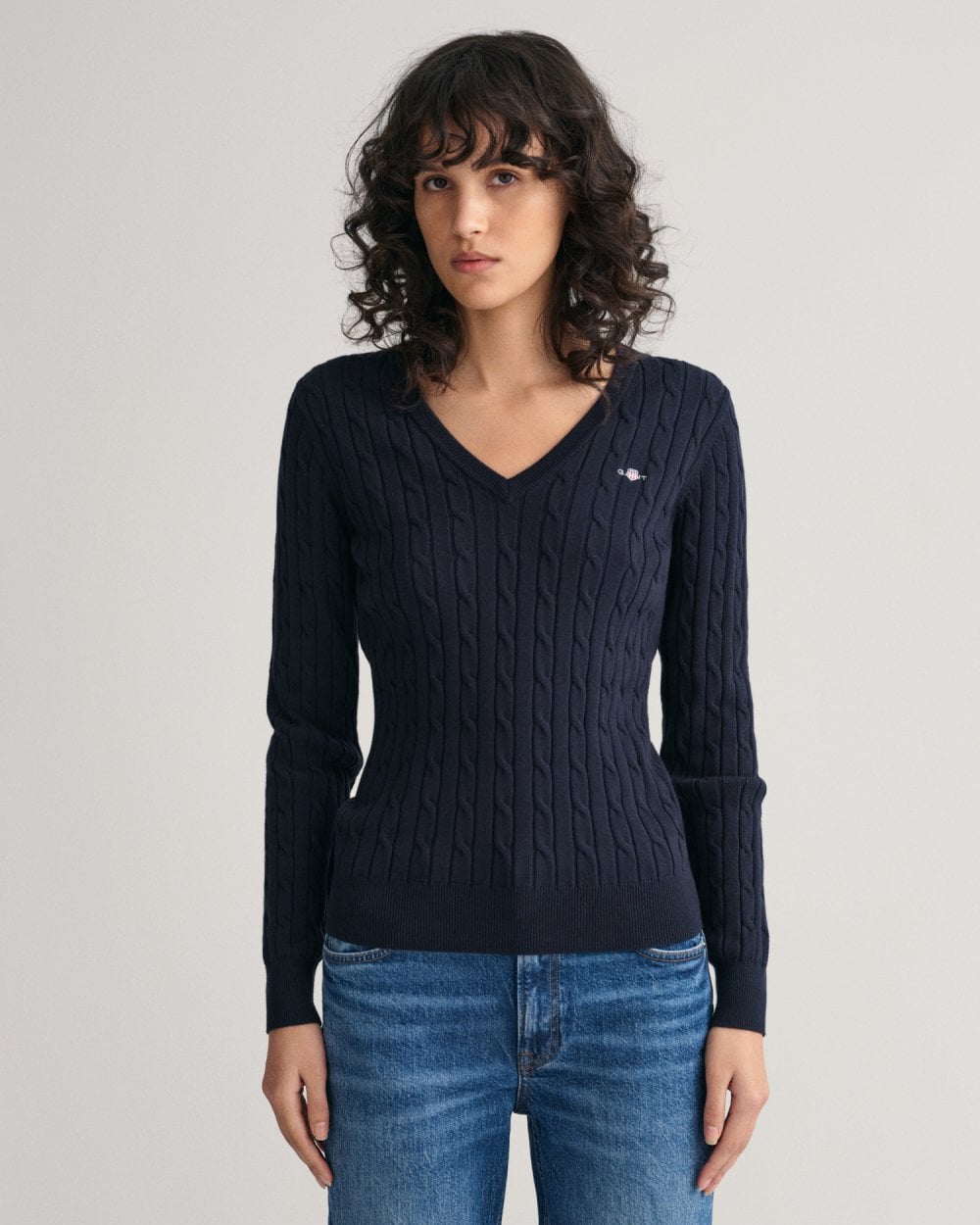 Stretch Cotton Cable Knit V-Neck Sweater