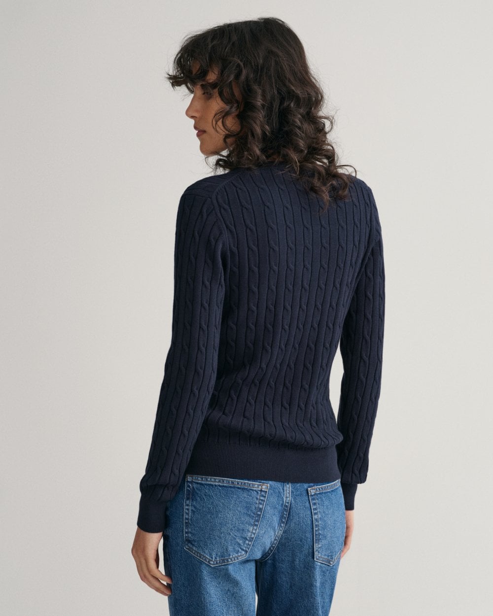 Stretch Cotton Cable Knit V-Neck Sweater